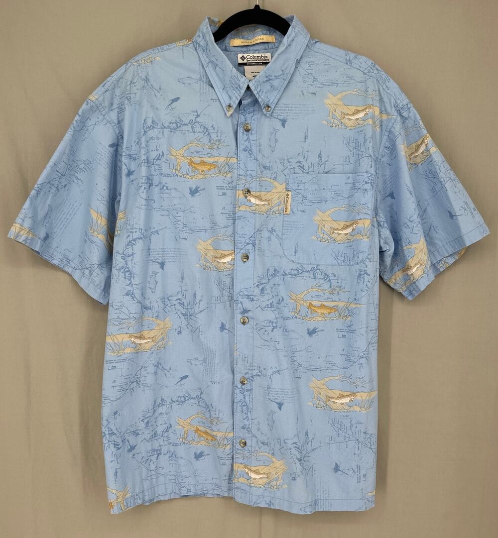 Columbia Shirt Mens XL Blue Fish Print Button Map Fisherman River Lodge Outdoors